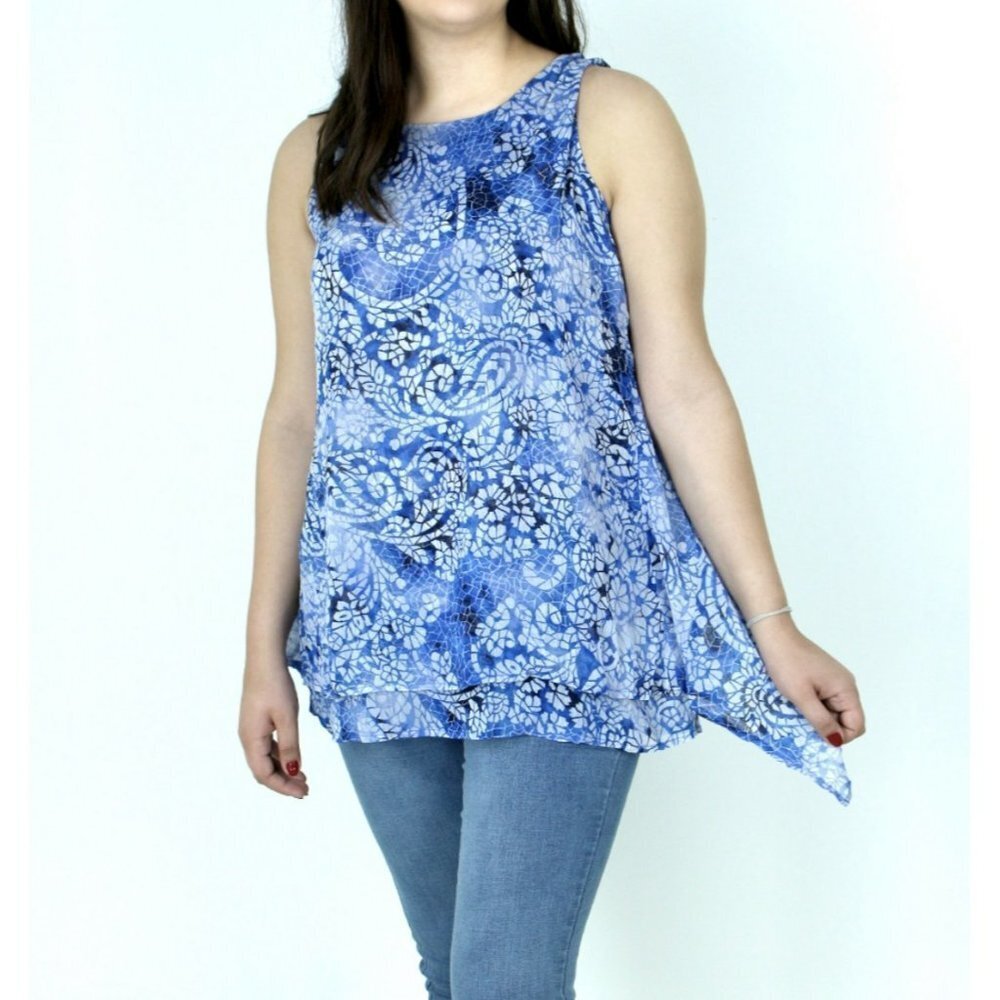 Fever Printed Chiffon Sleeveless Top Womens XS Blue Mosiac Glass
